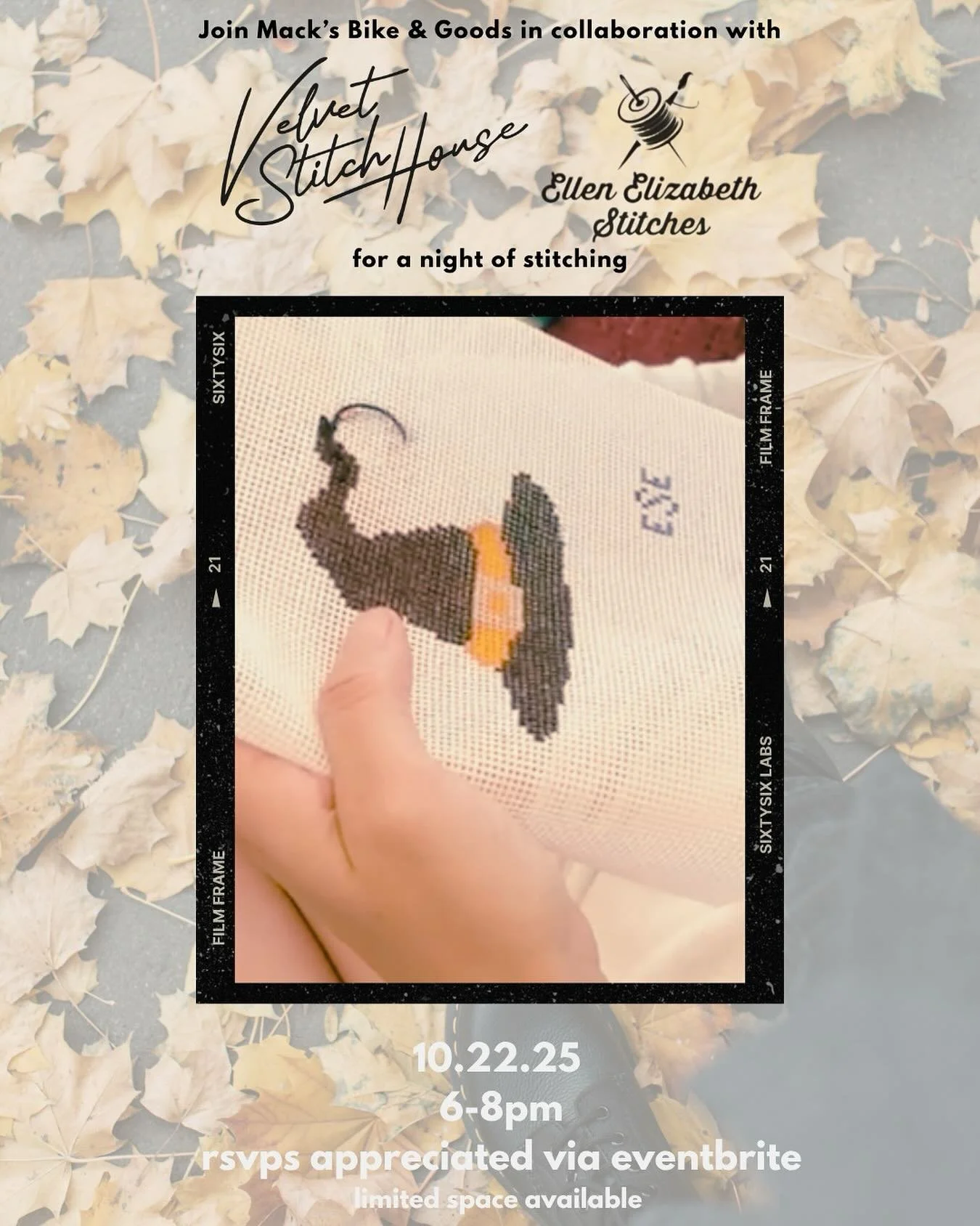 Join us for a night of stitchin&rsquo; with @velvetstitchhouse + @ellen_elizabeth_stitches 🧙&zwj;♀️

📅 10/22 | 6&ndash;8 PM | Mack&rsquo;s Bike &amp; Goods

🪡 Needlepoint, light bites &amp; Halloween magic 🎃
Kits available for purchase &mdash; or