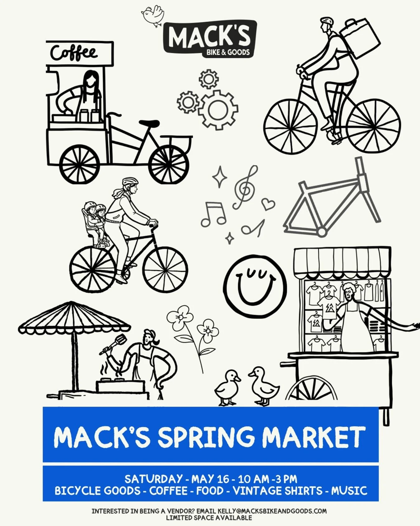 another spring is upon us and so we welcome the opportunity to celebrate with a spring market at Mack&rsquo;s! 

Saturday 5/16 &mdash; 10am-3pm 
free event &mdash; all are welcome. 

Bicycle Goods
Coffee from @outsidecoffee_evanston 
Food from @hatch