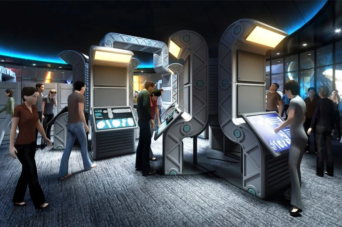 SCI - “Science and Technology” A touchscreen station that teaches about the machines that make space travel possible, the science of astronomy, and the methods that keep human beings healthy in the harsh conditions of outer space. These technologies are used to solve the challenges introduced in the NAV station.