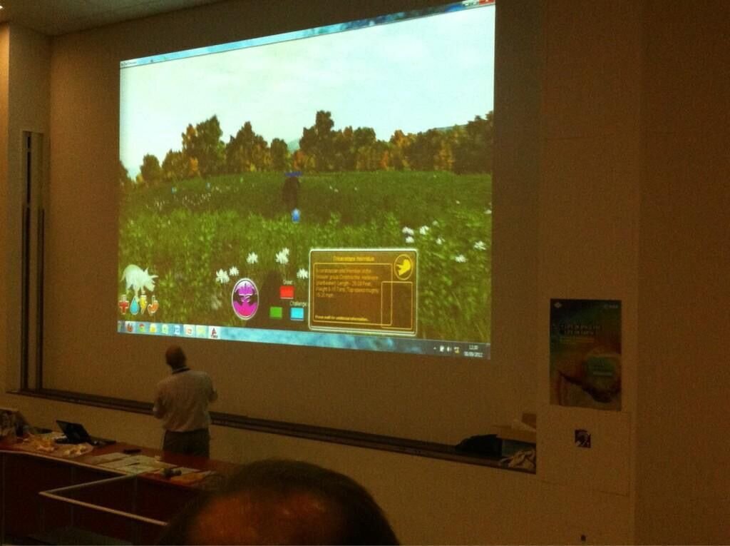 Professor Hutchinson utilizing “Be the Dinosaur” simulation in one of his lectures