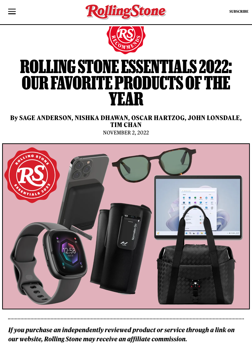 Cover page of Rolling Stone article titled "Rolling Stone Essentials 2022: Our Favorite Products of the Year," featuring images of a smartwatch, smartphone, sunglasses, portable speaker, tablet, and bag on a pink background.