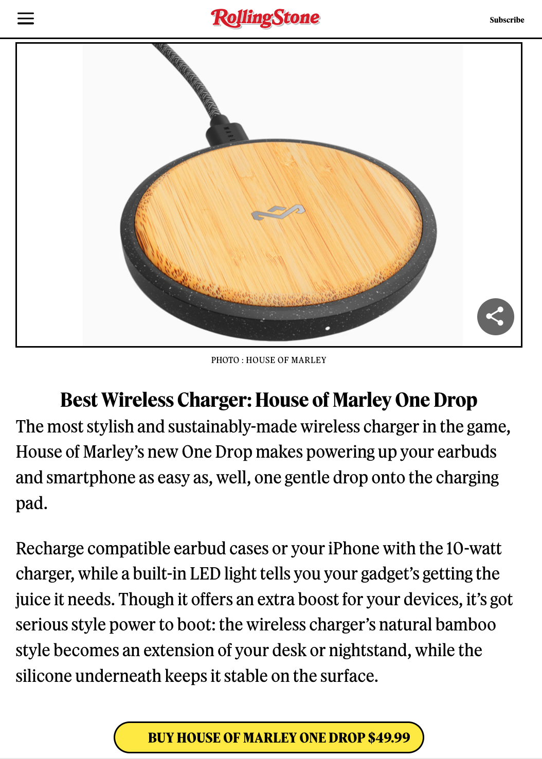 Wireless charger with a bamboo top and black speckled edge, connected by a braided cable. The Rolling Stone website page features this charger with a headline about it being the best wireless charger from House of Marley.