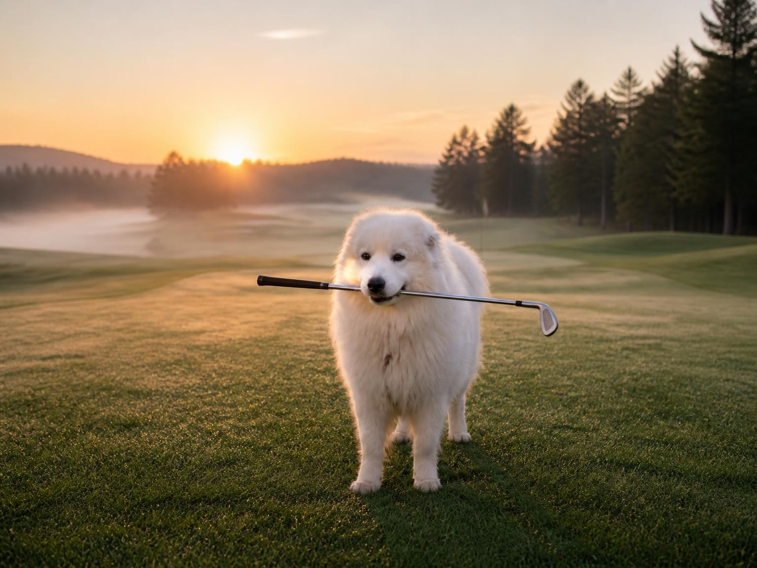 A fluffy white dog, possibly a Samoyed, standing on a golf course at sunrise with a golf club in its mouth, surrounded by green grass and trees.