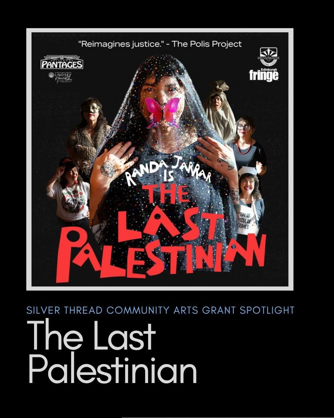 ✨Community Arts Grant Spotlight ✨

🎭The Last Palestinian is dramedy solo show, which charts humanity&rsquo;s spectacular downfall. Asheerah is the Last Palestinian alive. Wrapped in a shroud, she wakes up in 2055 and finds a friend, a hologram that 