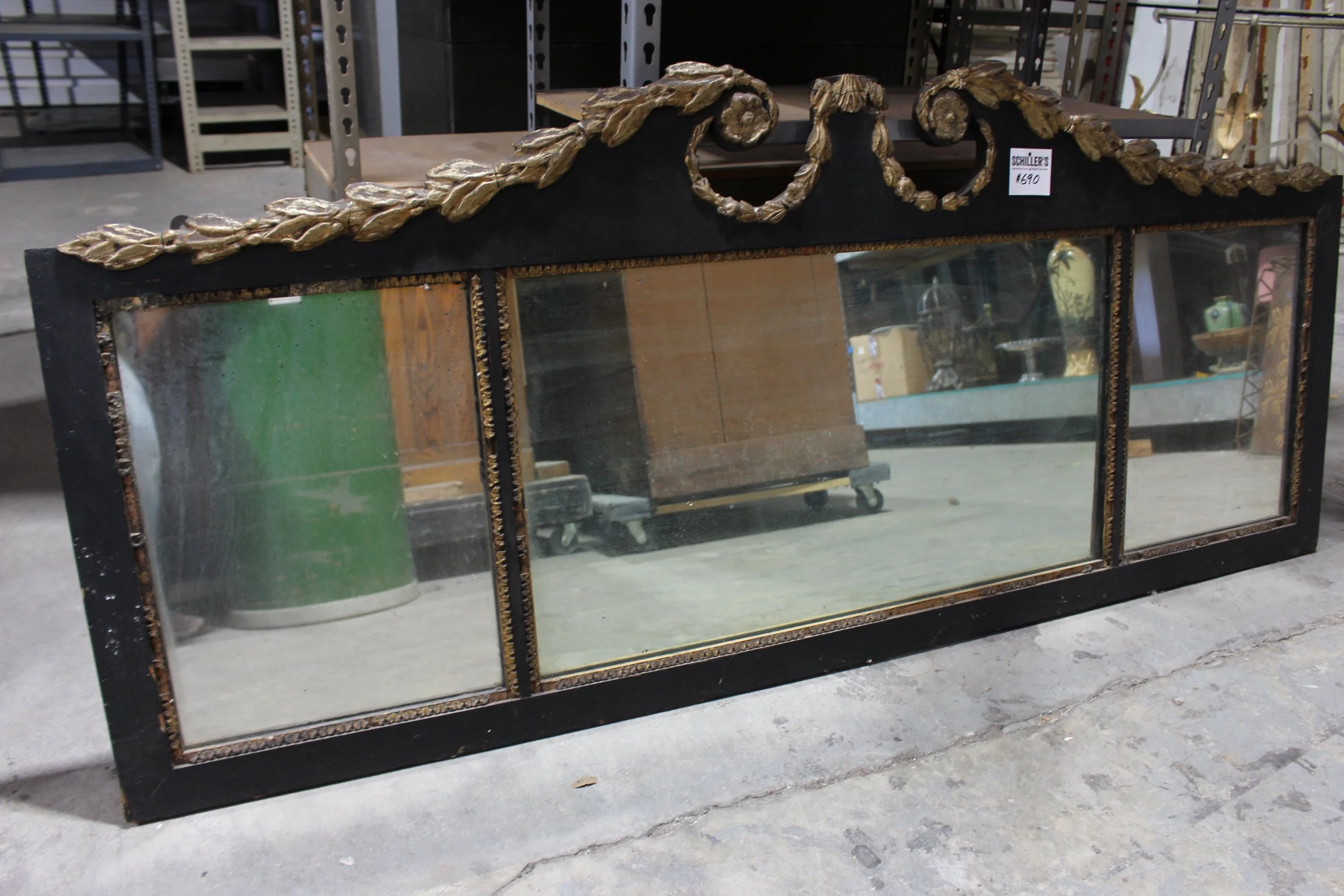 ANTIQUE THREE SECTION MIRROR WITH SWAN NECK PEDIMENT