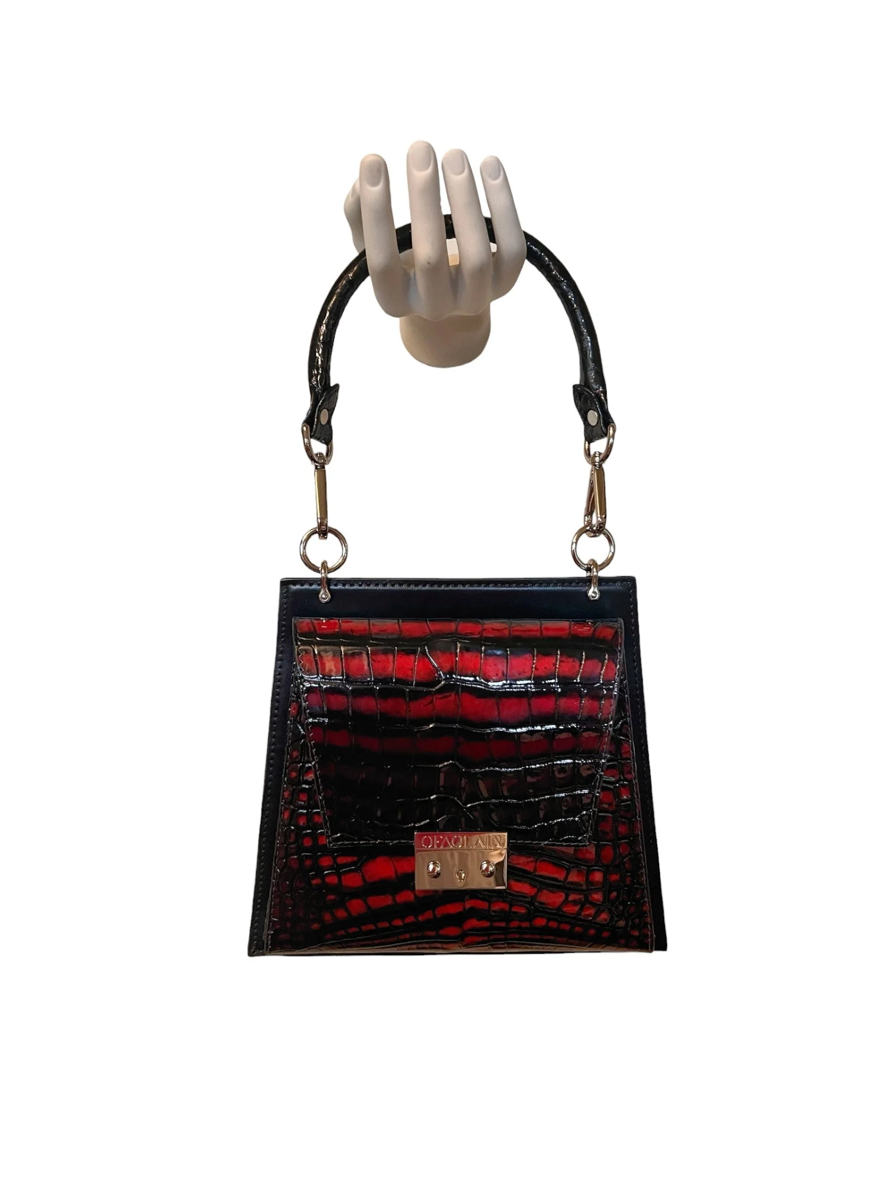 OFAOLAIN Betty Sanguine top-handle bag in black and deep red patent American alligator with nickel hardware