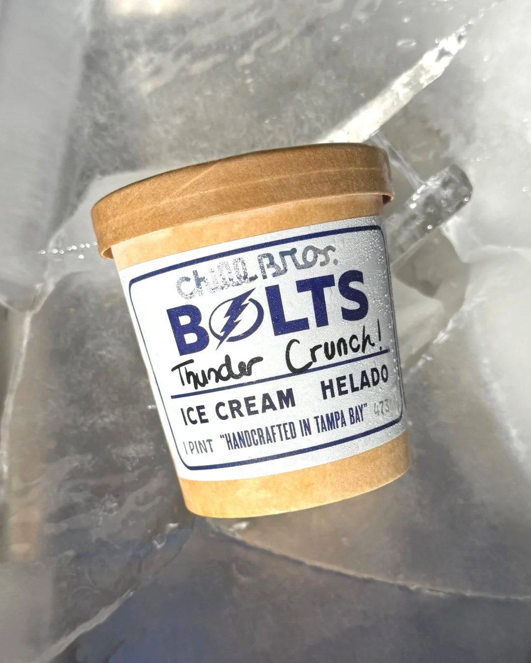 GO BOLTS! ⚡🏒 
In collaboration with the Tampa Bay Lightning and ThunderBug himself, we give you Thunder Crunch!
Ice-blue, sweet cream ice cream with home made rice crispie treat squares and swirls of marshmallow fluff.
**naturally colored with blue 