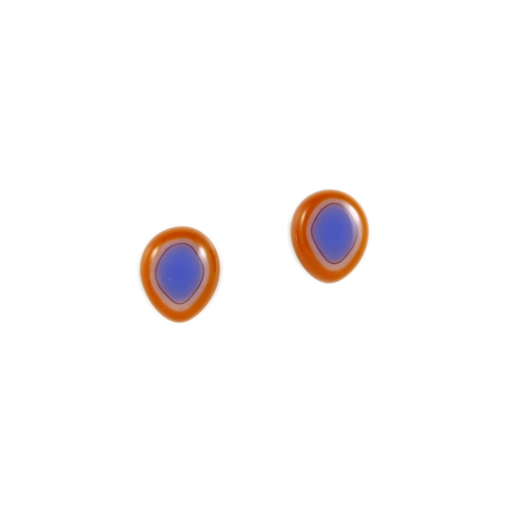 Art Glass Earrings: Droplet Studs - 25 Burnt Orange and Cobalt Blue