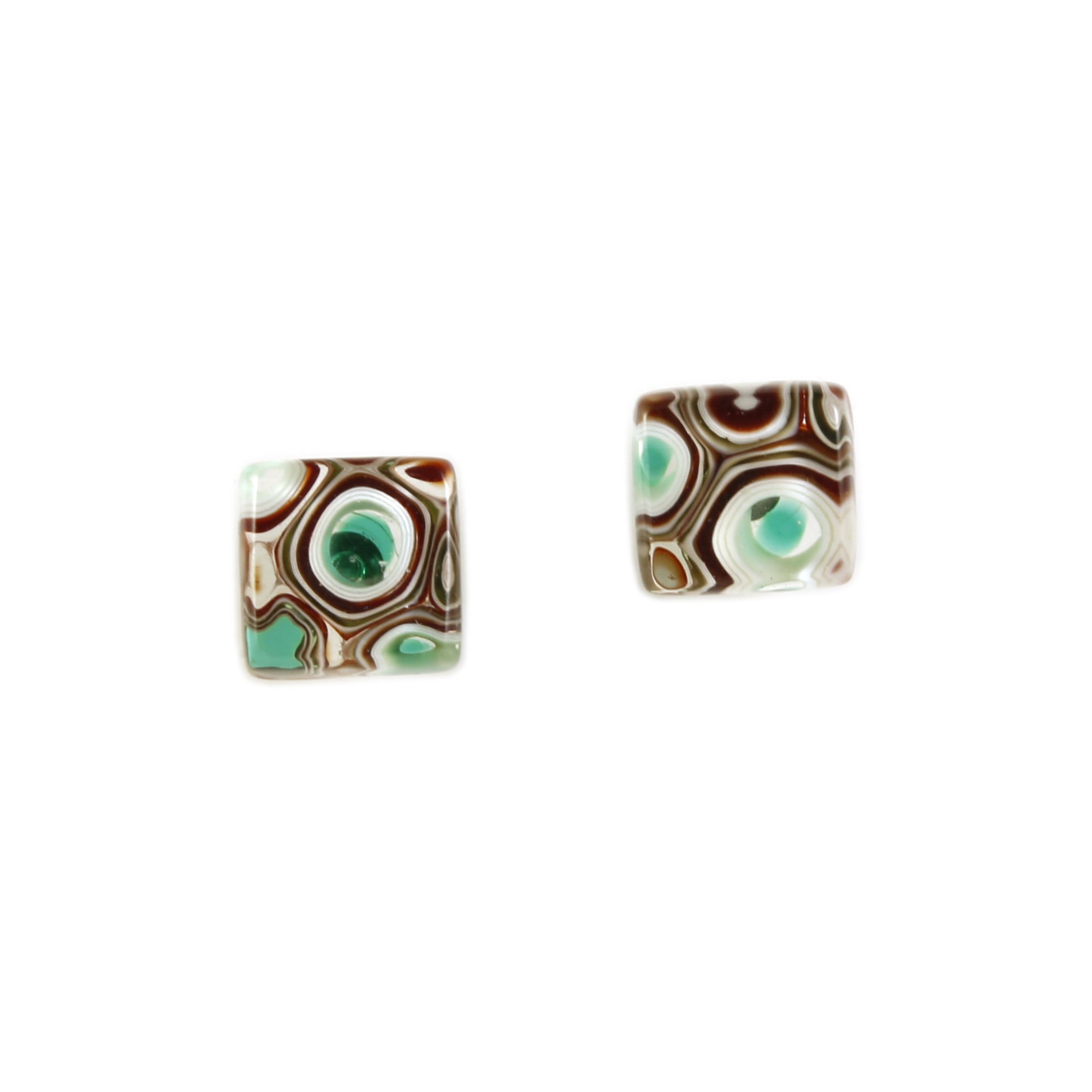 Art Glass Earrings: Large Proto Squares - 29 Emerald and Garnet