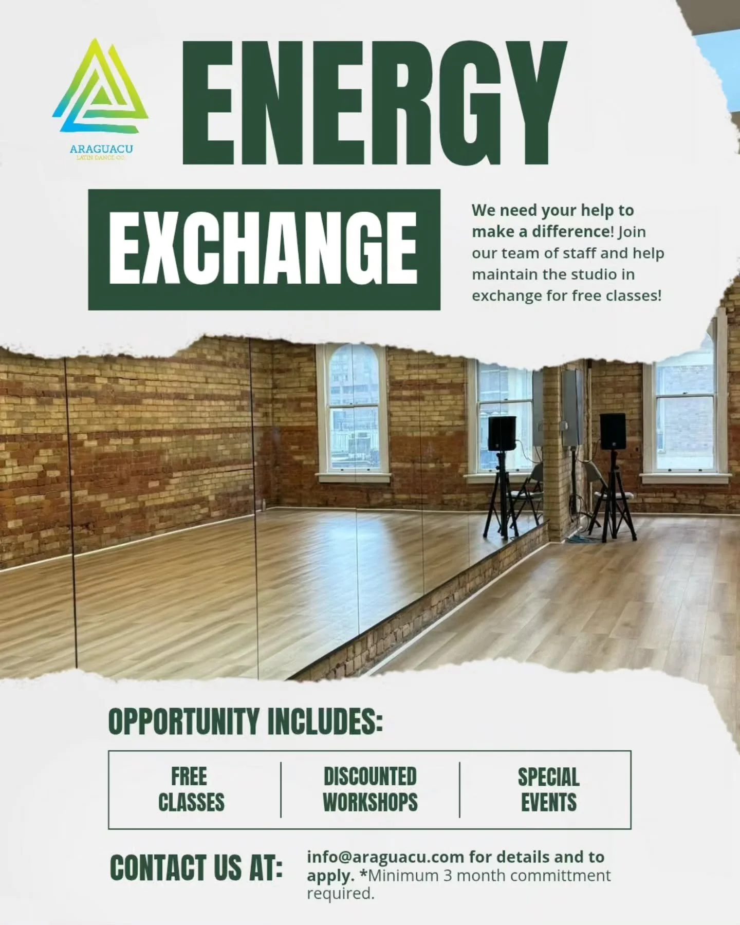 💫ENERGY EXCHANGE TEAM💫

Calling all dance enthusiasts! Want to train with Araguacu for FREE?

We're launching our new ENERGY EXCHANGE program for the 2026 calendar year! We need your passion and help maintaining our beautiful studio. 

In exchange 