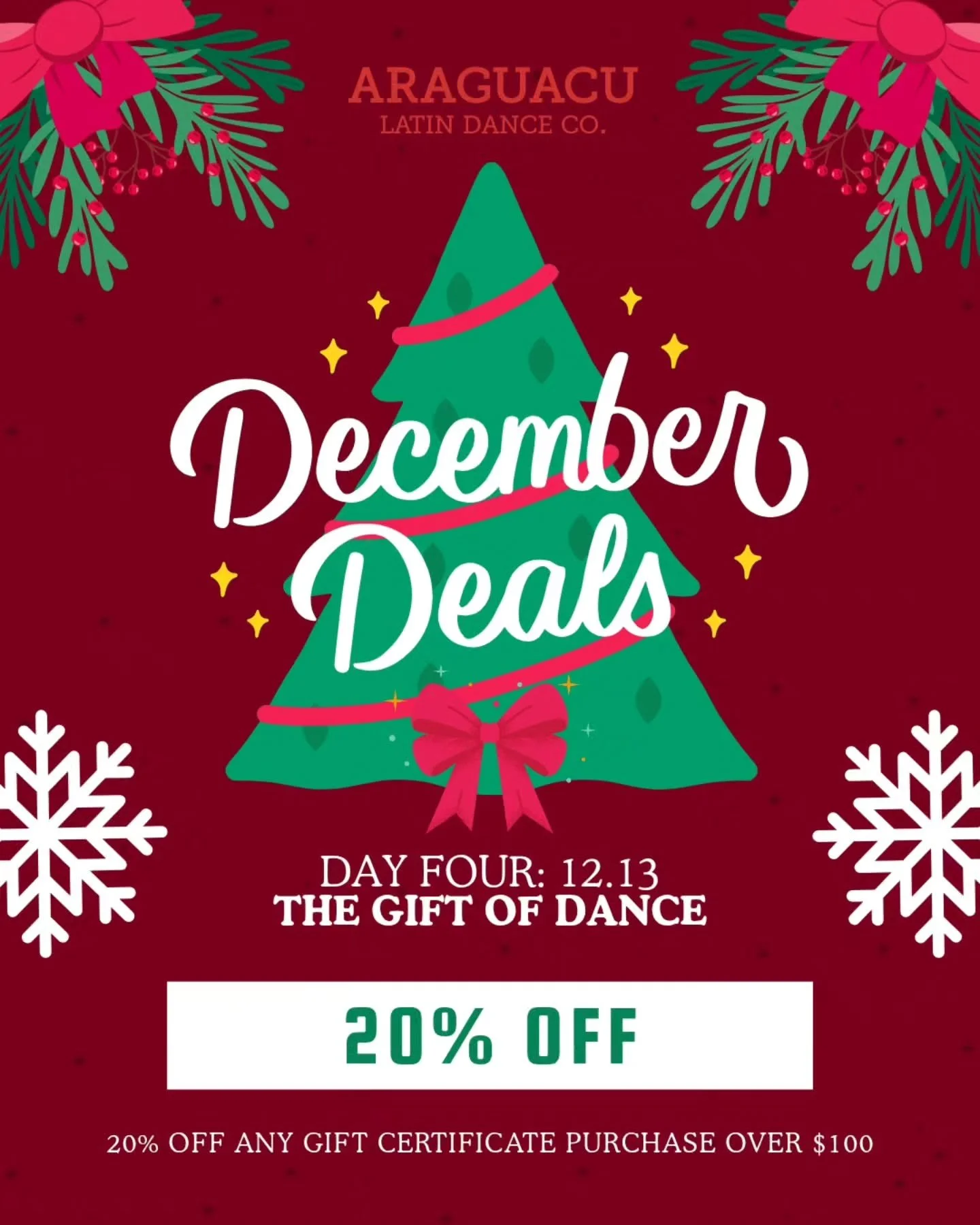 ​🎁 December Deals: DAY FOUR - The Gift of Dance! 🎁

​Spread the holiday cheer! Today (12.13) is all about giving with The Gift of Dance!

​You can get 20% OFF any Gift Certificate purchase over $100!
​It's the perfect, one-click gift for anyone who