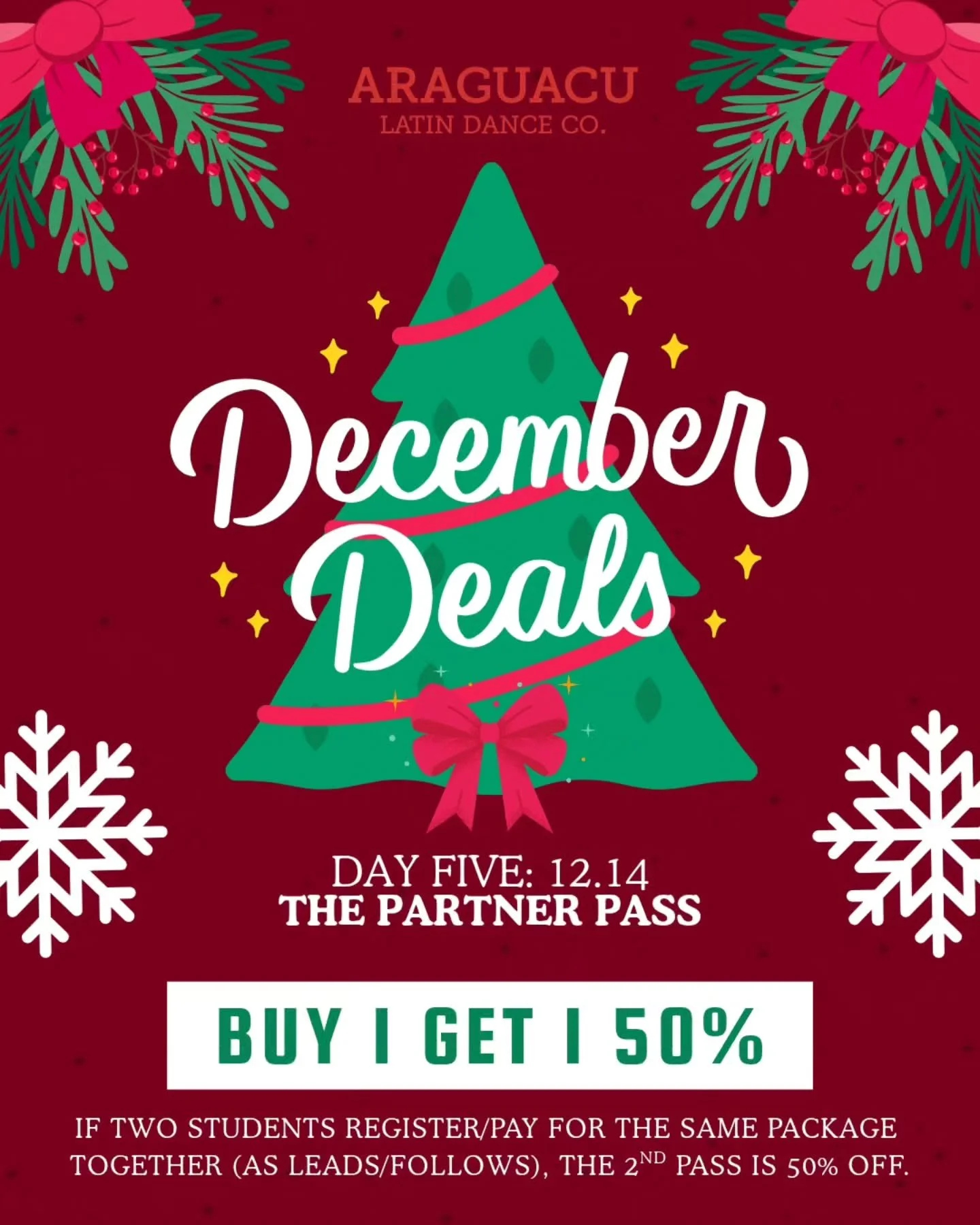 ​👯&zwj;♀️ December Deals: DAY FIVE - The Partner Pass! 👯&zwj;♂️

​Grab your dance partner! Today (12.14) is the perfect time to register together and save BIG with The Partner Pass!

​When two students register and pay for the exact same package to