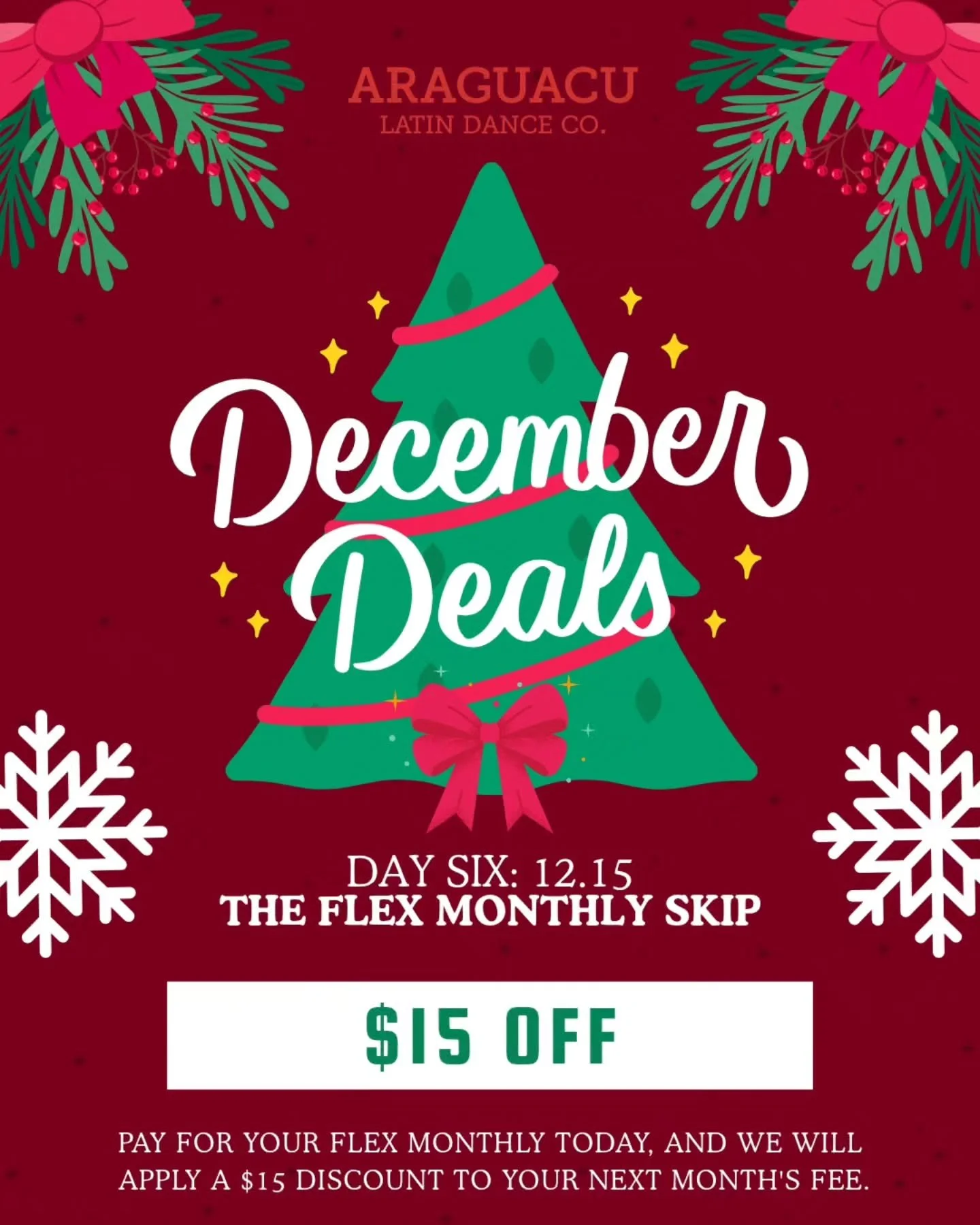 ​🗓️ December Deals: DAY SIX - The Flex Monthly Skip! 🗓️

​Get a jump start on your New Year's budgeting! 
Today (12.15) is all about savings for your monthly commitment with The Flex Monthly Skip!

​Pay for a Flex Monthly package today, and we will