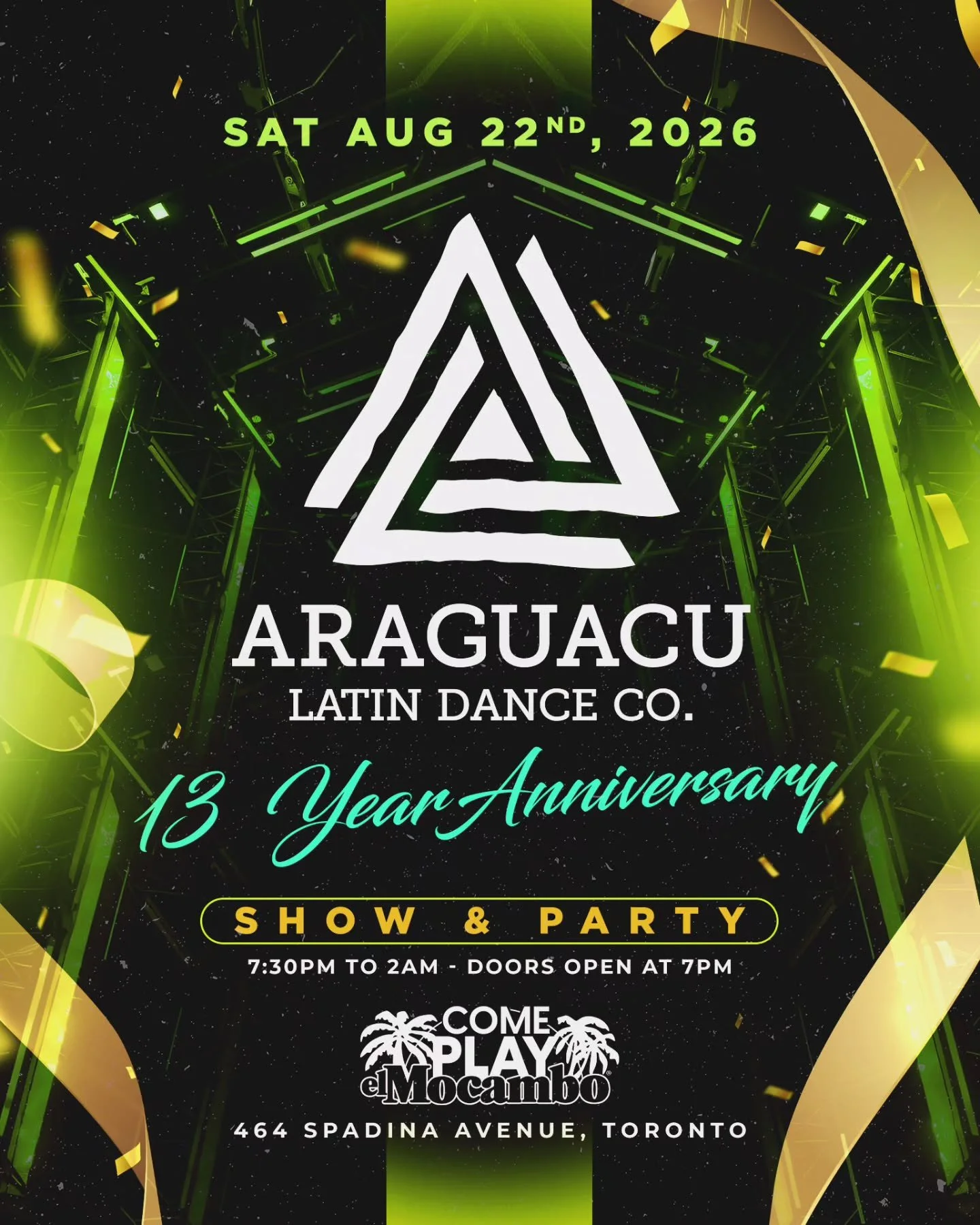 ✨️13 YEARS OF ARAGUACU!✨

The countdown is officially ON! 

On Saturday, August 22nd, we are taking over the legendary @theelmocambo in downtown Toronto for the ultimate summer closer and our 13th Year Anniversary Show &amp; Party! 🌴🔥

From buildin