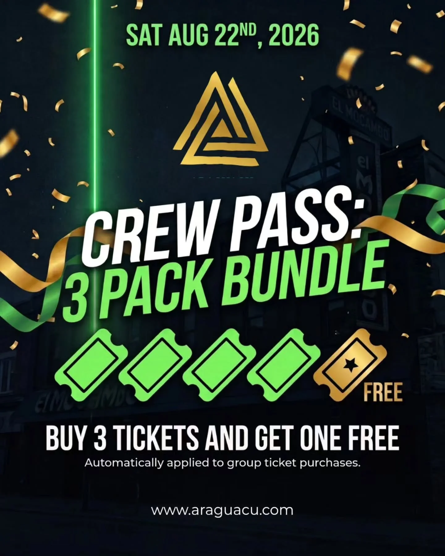 ​🔥 BRING THE CREW &amp; SAVE! 🔥

​Why party alone when you can bring the whole squad? 💃🕺

​Grab our Crew Pass: 3-Pack Bundle for the Araguacu 13-Year Anniversary at @theelmocambo and get 4 tickets for the price of 3! (Buy 3, get the 4th FREE 🎉)
