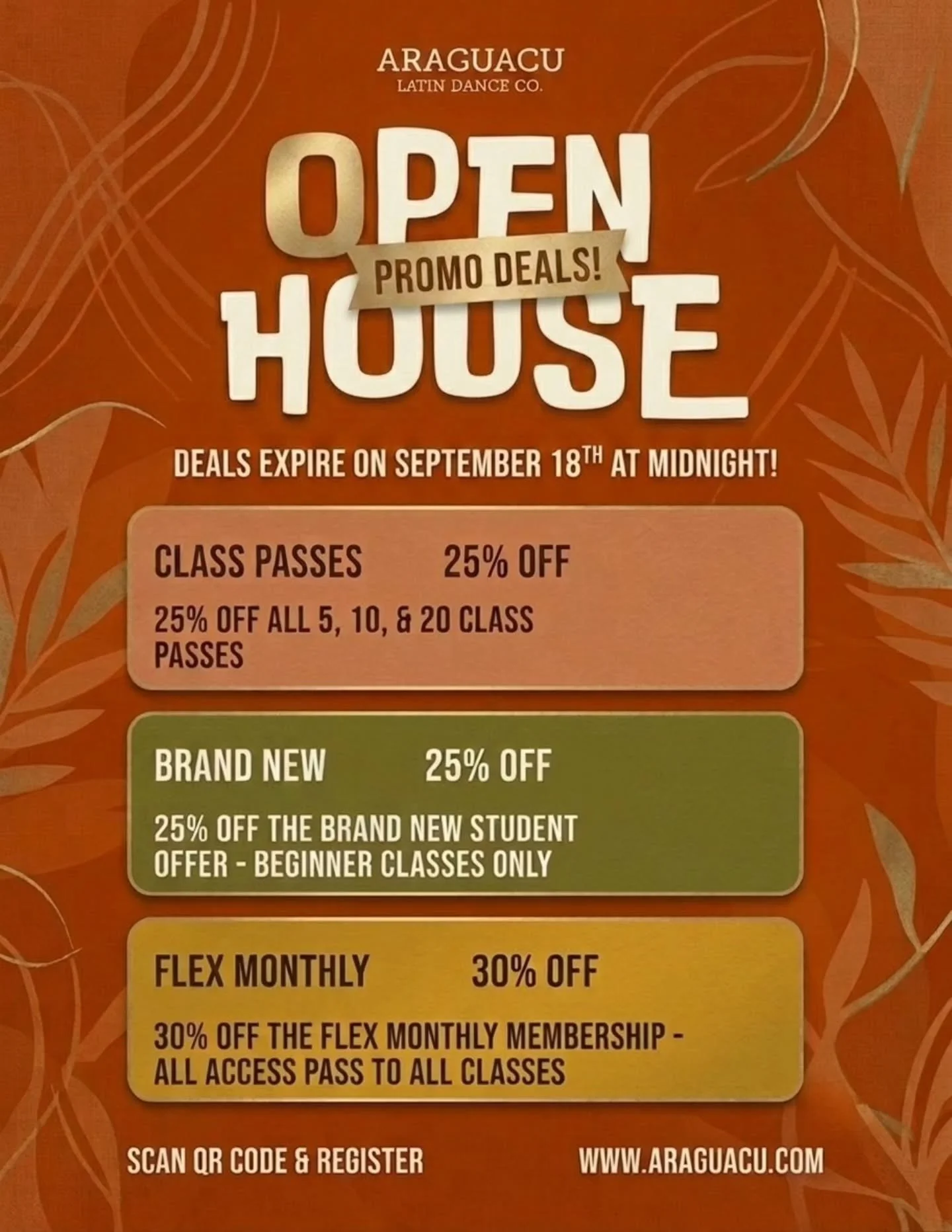 Turn up the heat! 🔥 

Our massive Open House Promo Deals drop September 8th, and this is your sign to hit the dance floor with us this fall season! 

No coupon hunt, no checkout stress &mdash; Just pick your pass and get moving!

Score the savings:
