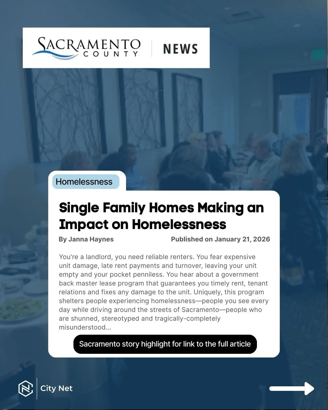Thank you to the Sacramento County Department of Homeless Services &amp; Housing Authority for attending City Net&rsquo;s first annual Housing Partners Appreciation Luncheon and for highlighting our Scattered Site Program. 

Link in our story to read