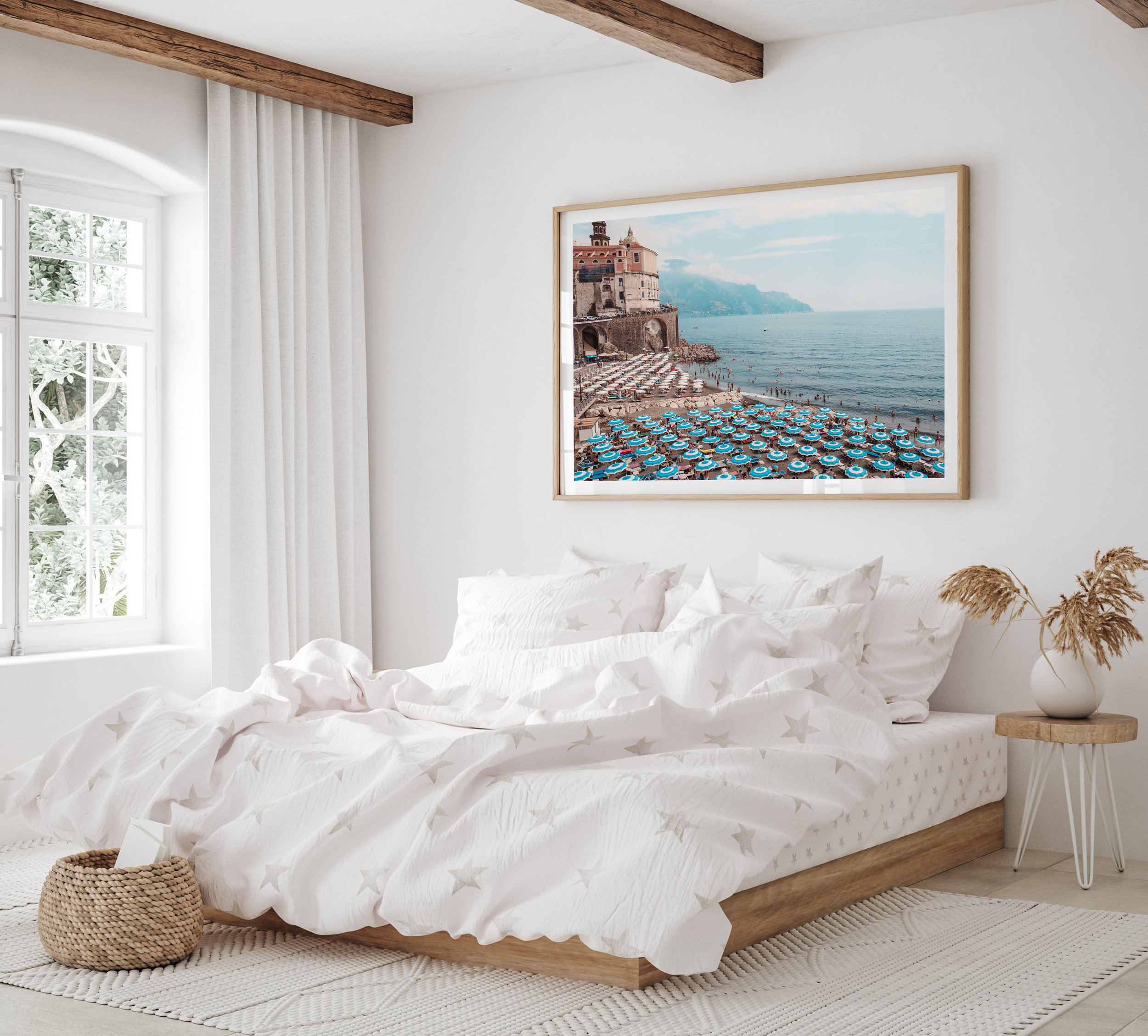 Mockup frame in bedroom interior background, Coastal boho style,