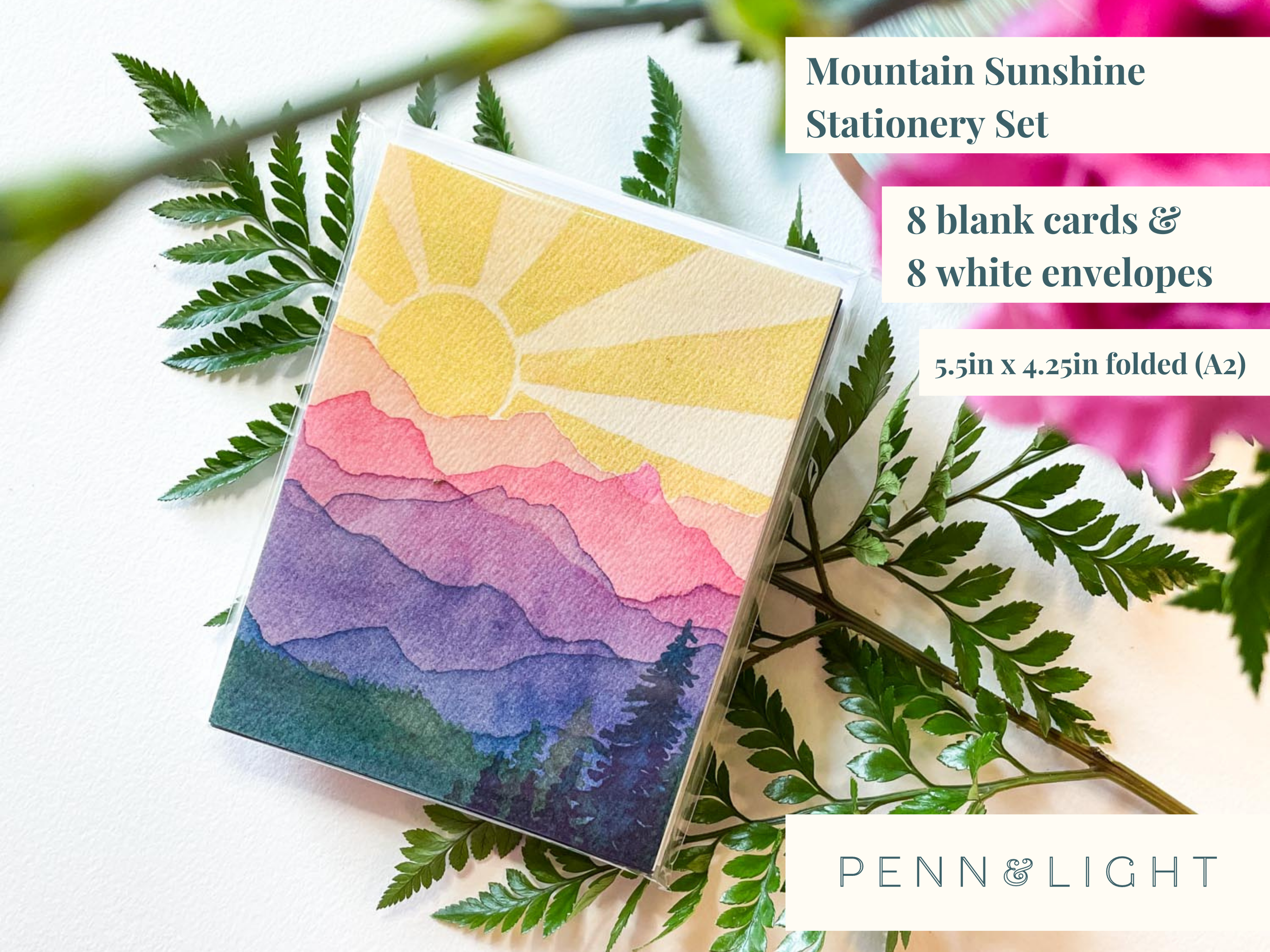 Blank A2 Folded Greeting Card Set Watercolor Mountains Sunshine — Penn&Light