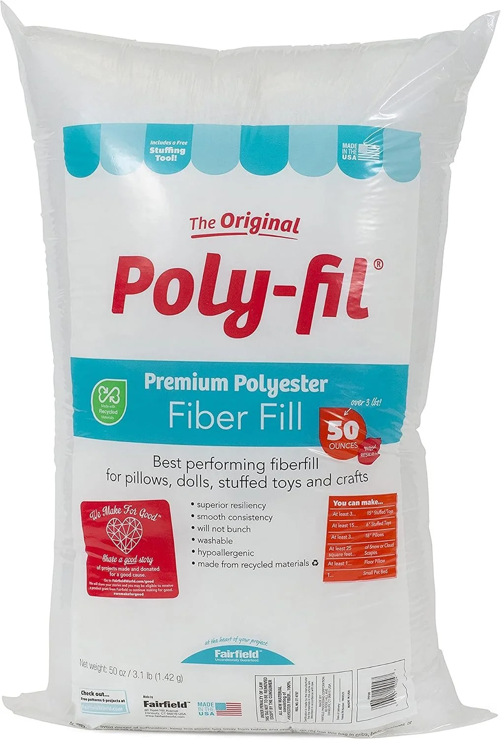 A white plastic bag of Poly-Fil Premium Polyester Fiber Fill, containing 50 ounces of stuffing material for pillows, dolls, toys, and crafts. The front label highlights features like recycled materials, superior resiliency, and washability.