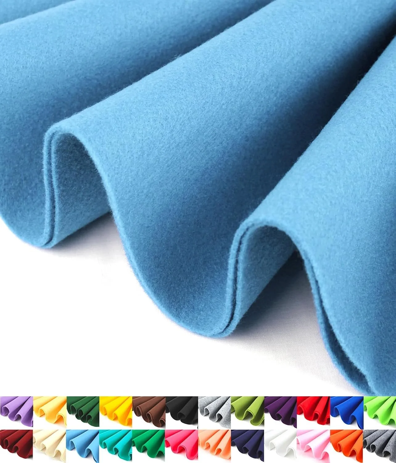 Close-up of two rolled-up blue felt sheets placed next to each other, with a strip of a different blue sheet visible at the end.