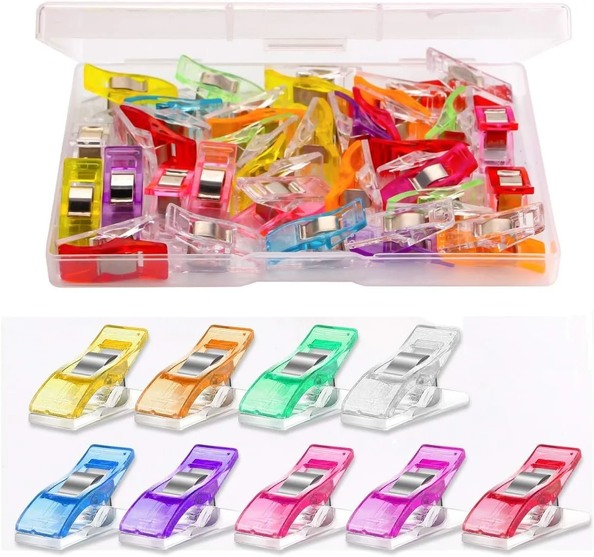 A box containing multicolored mini plastic clips, with a display showing the clips in yellow, orange, green, clear, blue, purple, pink, and red.