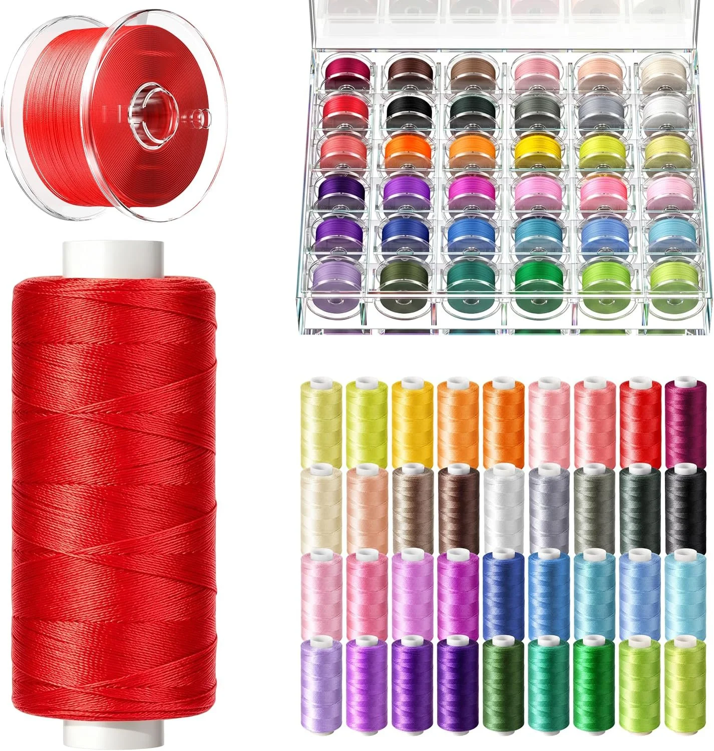 Colorful spools of sewing thread arranged in a display case and a large spool of red thread outside the case.