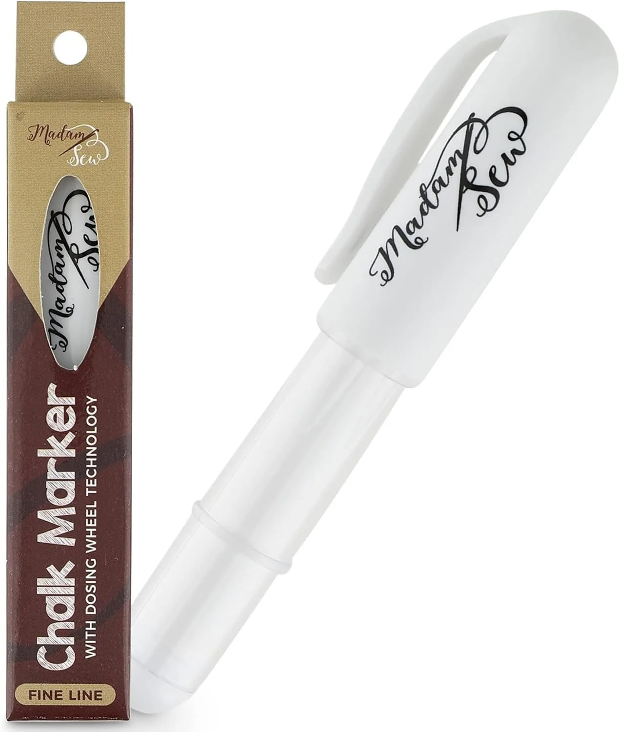 A white ceramic chopstick with 'Madam Sew' written on it in black cursive, displayed next to its packaging.