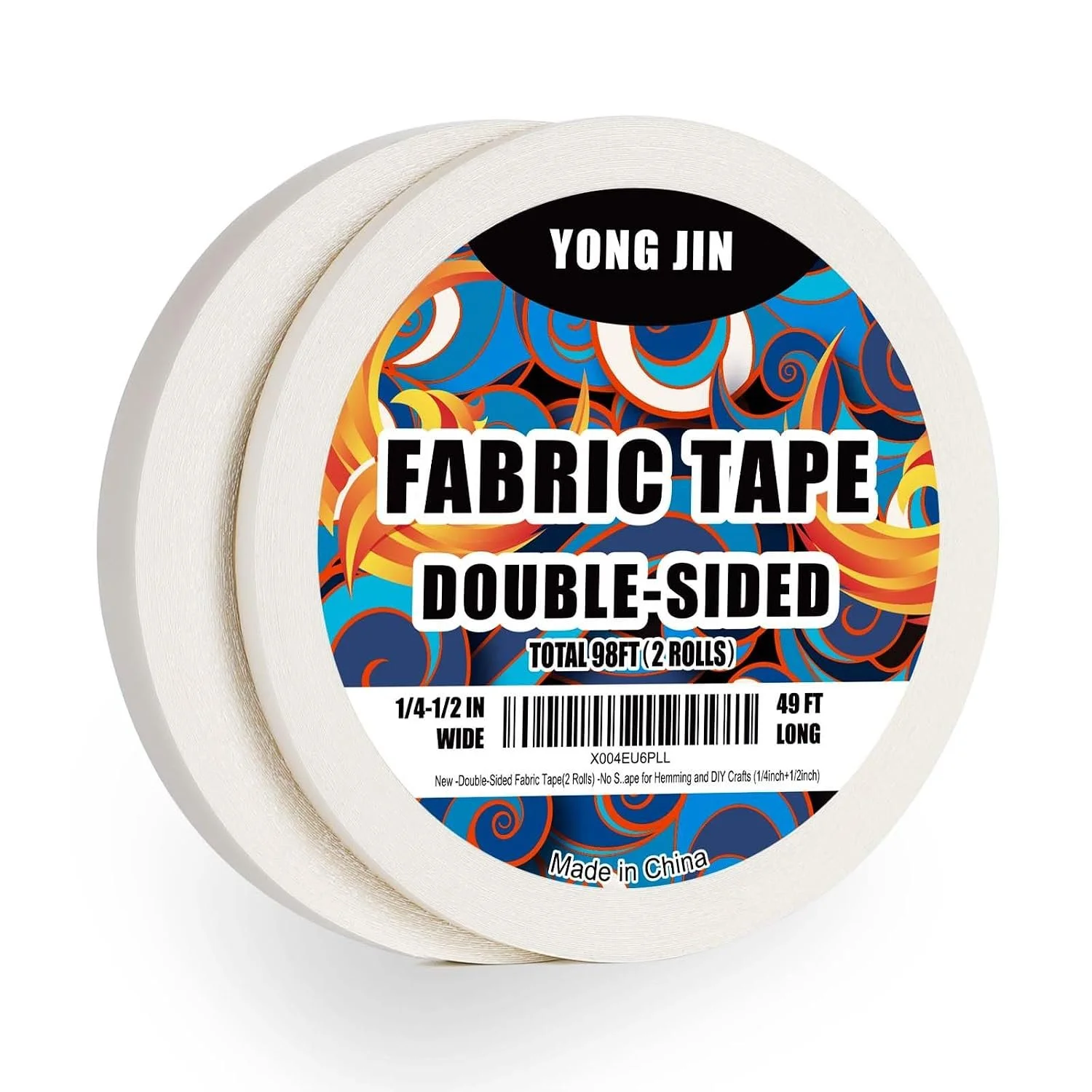 Coiled fabric tape roll with colorful abstract swirl pattern label, black section at top with white text 'YONG JIN', and bold text 'FABRIC TAPE DOUBLE-SIDED', product details and barcode beneath.