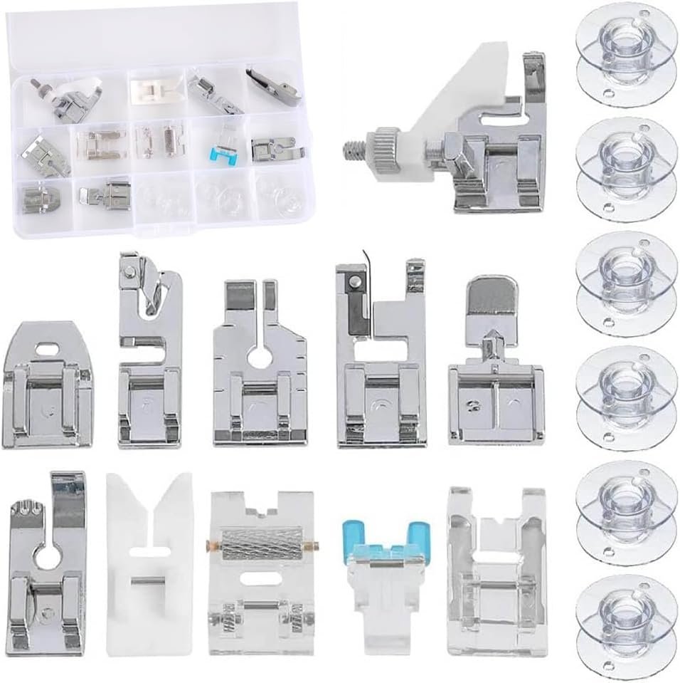 Collection of sewing machine feet and attachments, organized in a plastic storage box and displayed on a white surface.