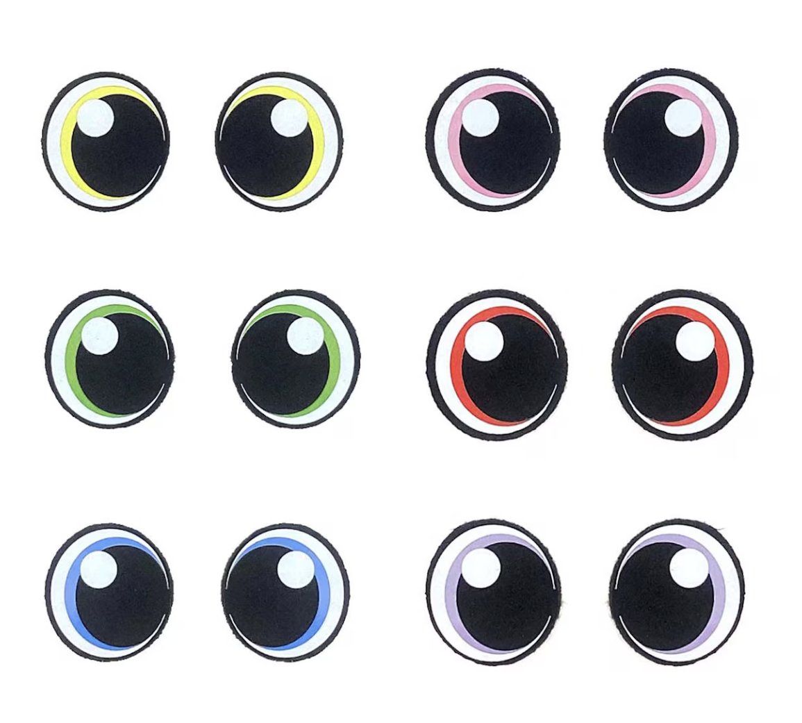Six pairs of cartoon eyes with different colored irises: yellow, pink, green, red, blue, and purple. Each pair of eyes has a black pupil with a white reflection.