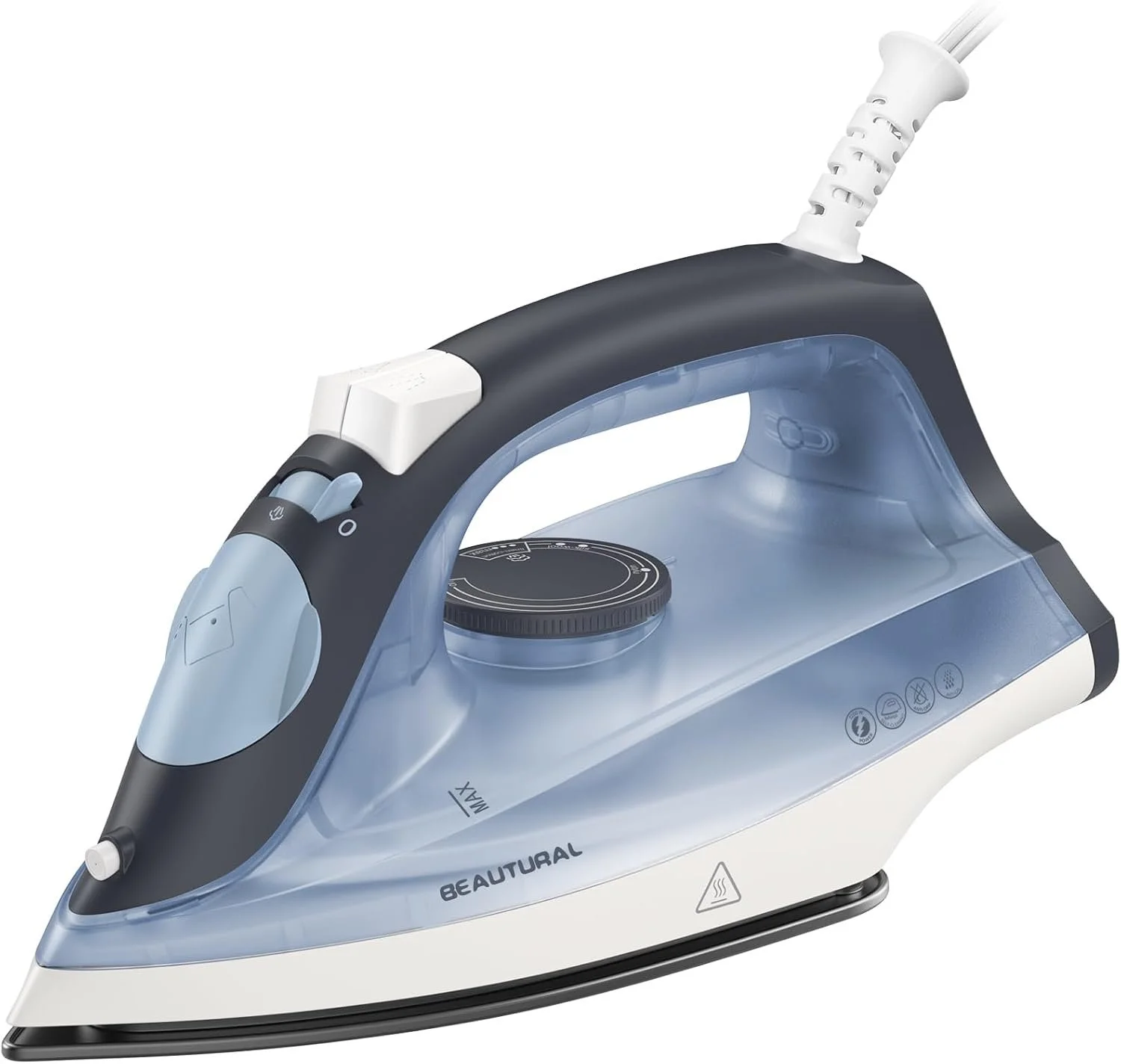 A modern electric steam iron with a black and white design, transparent water tank, and control dial on the top.