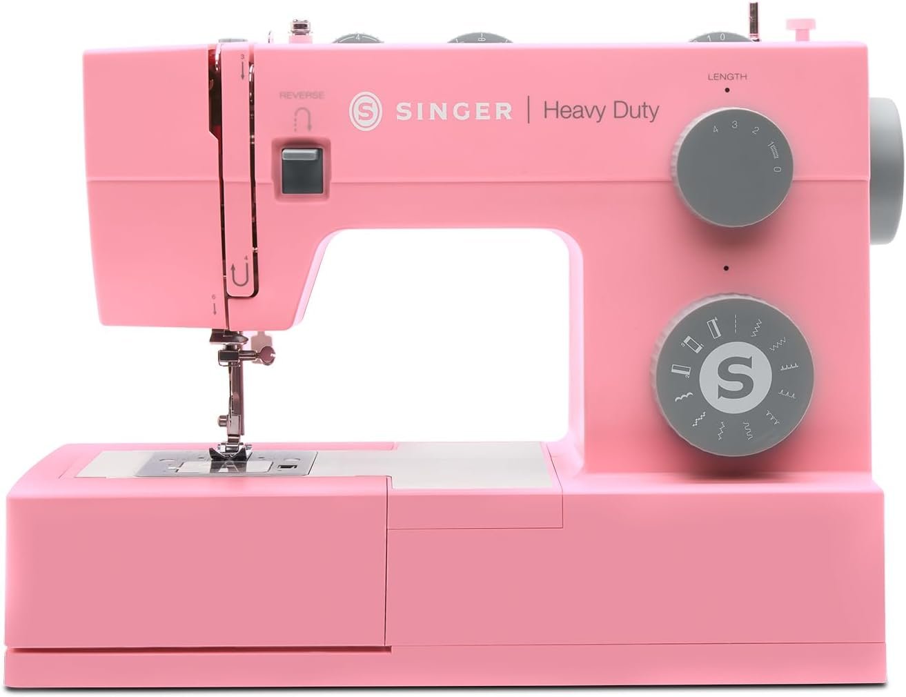 A pink Singer Heavy Duty sewing machine with grey dials and a black switch.
