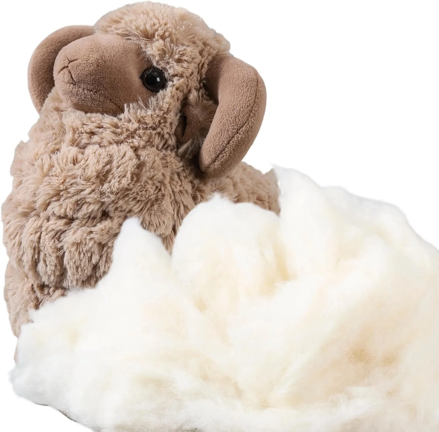 A stuffed animal lamb with floppy ears and big dark eyes sitting on a fluffy white cloud.