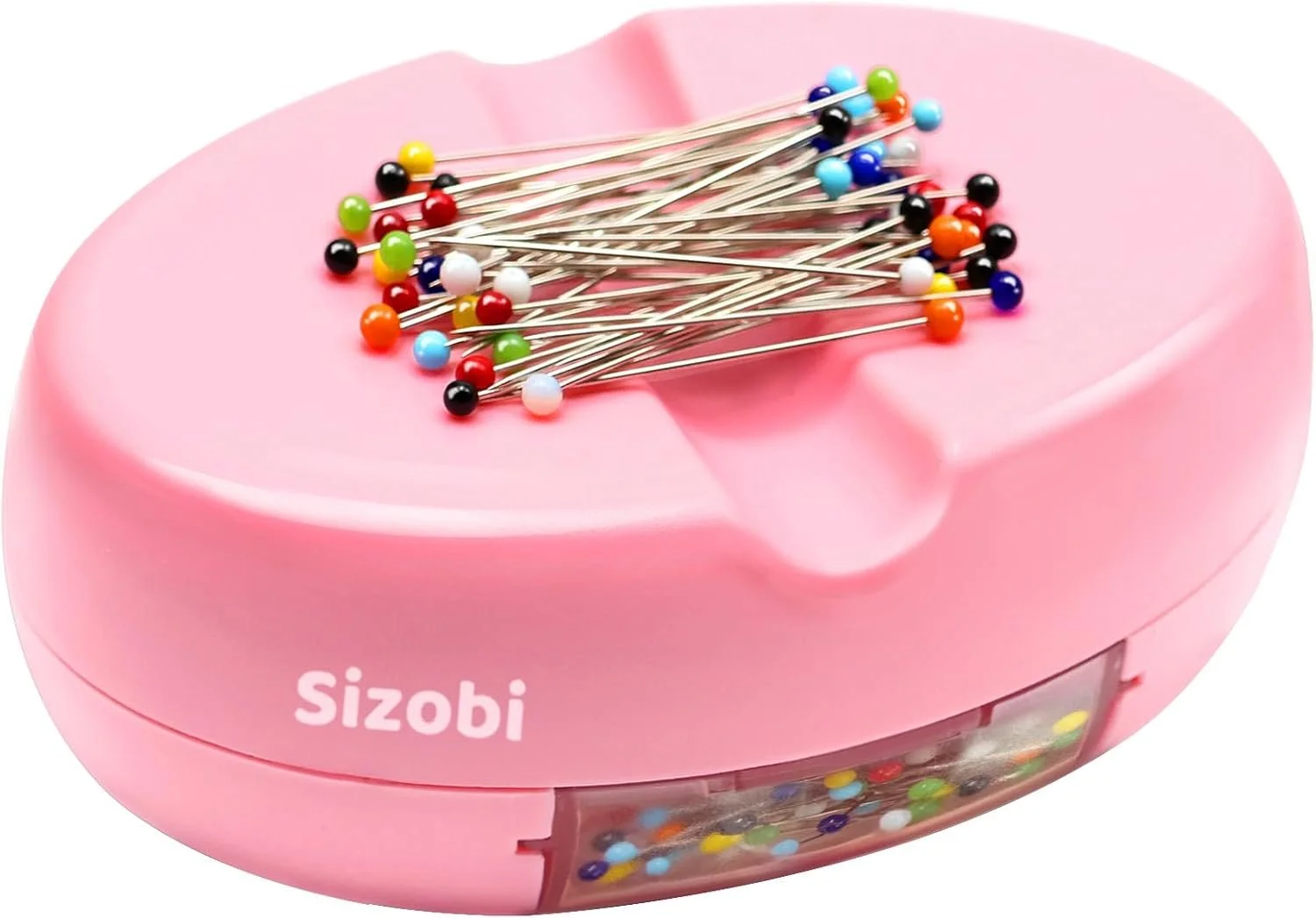 Pink pin cushion with colorful sewing pins on top and a transparent compartment at the bottom filled with additional pins.