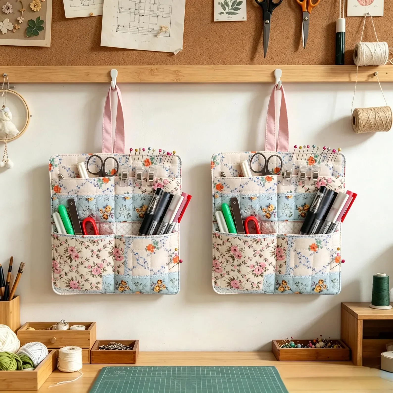 A craft room with two fabric tool organizers hanging on the wall, containing markers, scissors, pins, and small tools. Above, a corkboard holds papers, a pin with dried flowers, and hanging scissors and thread spools. On the desk, there are wooden boxes with yarn and other supplies, and a cutting mat in the foreground.