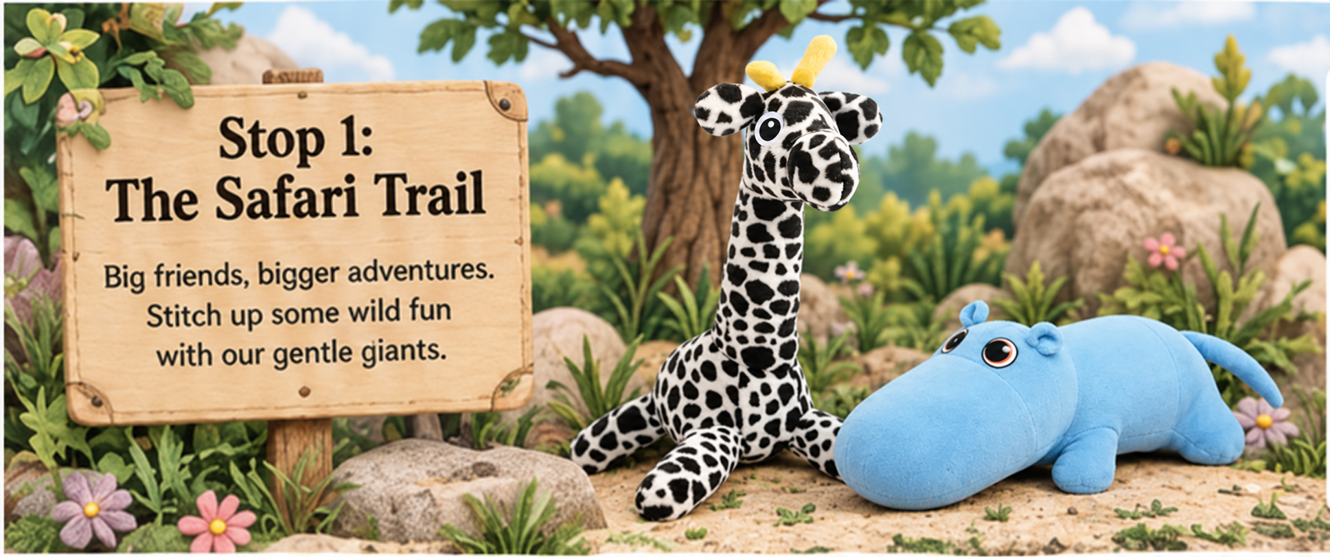 Hippo and giraffe stuffed animal sewing patterns displayed along the DIY Plush Zoo Safari Trail