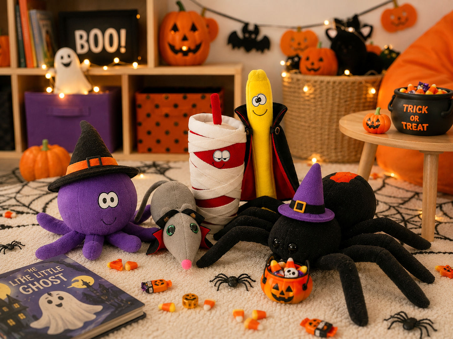 A cozy Halloween scene with plush toys dressed in costumes, a Halloween book, scattered candy, pumpkins, and Halloween decorations in the background.