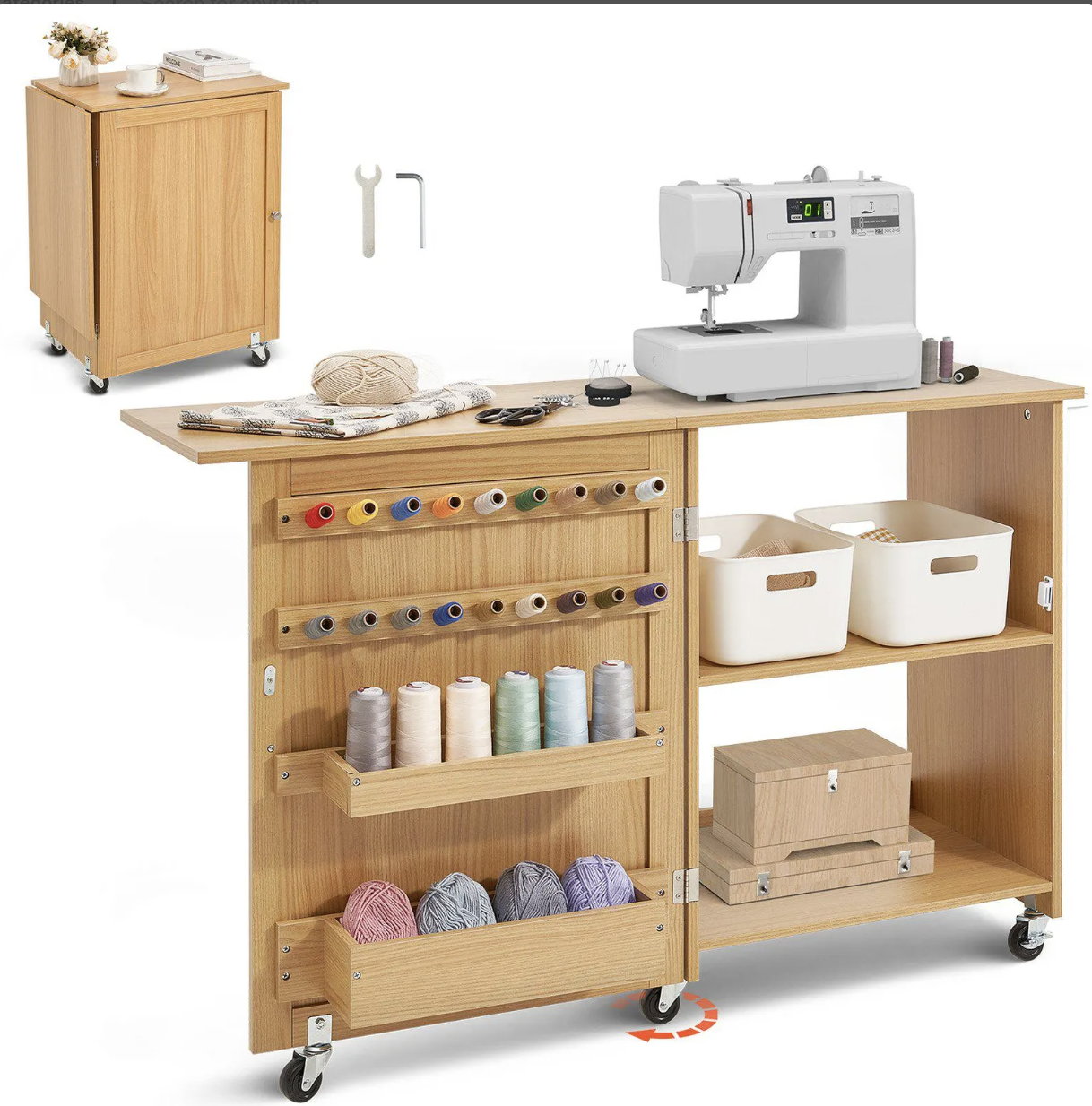 A wooden sewing station with a sewing machine, spools of thread, scissors, yarn, a small cabinet, baskets for storage, and sewing tools. There is also a small wooden cabinet on wheels and a wall-mounted wrench and L-shaped tool.