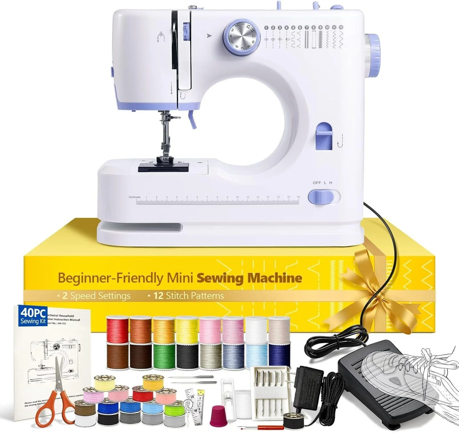 A mini sewing machine in white with blue accents on a yellow box labeled "Beginner-Friendly Mini Sewing Machine." The package mentions 2 speed settings and 12 stitch patterns. Surrounding the sewing machine are sewing supplies such as colorful spools of thread, scissors, a fabric measuring tape, a foot pedal, bobbins, a needle threader, and instruction manuals.