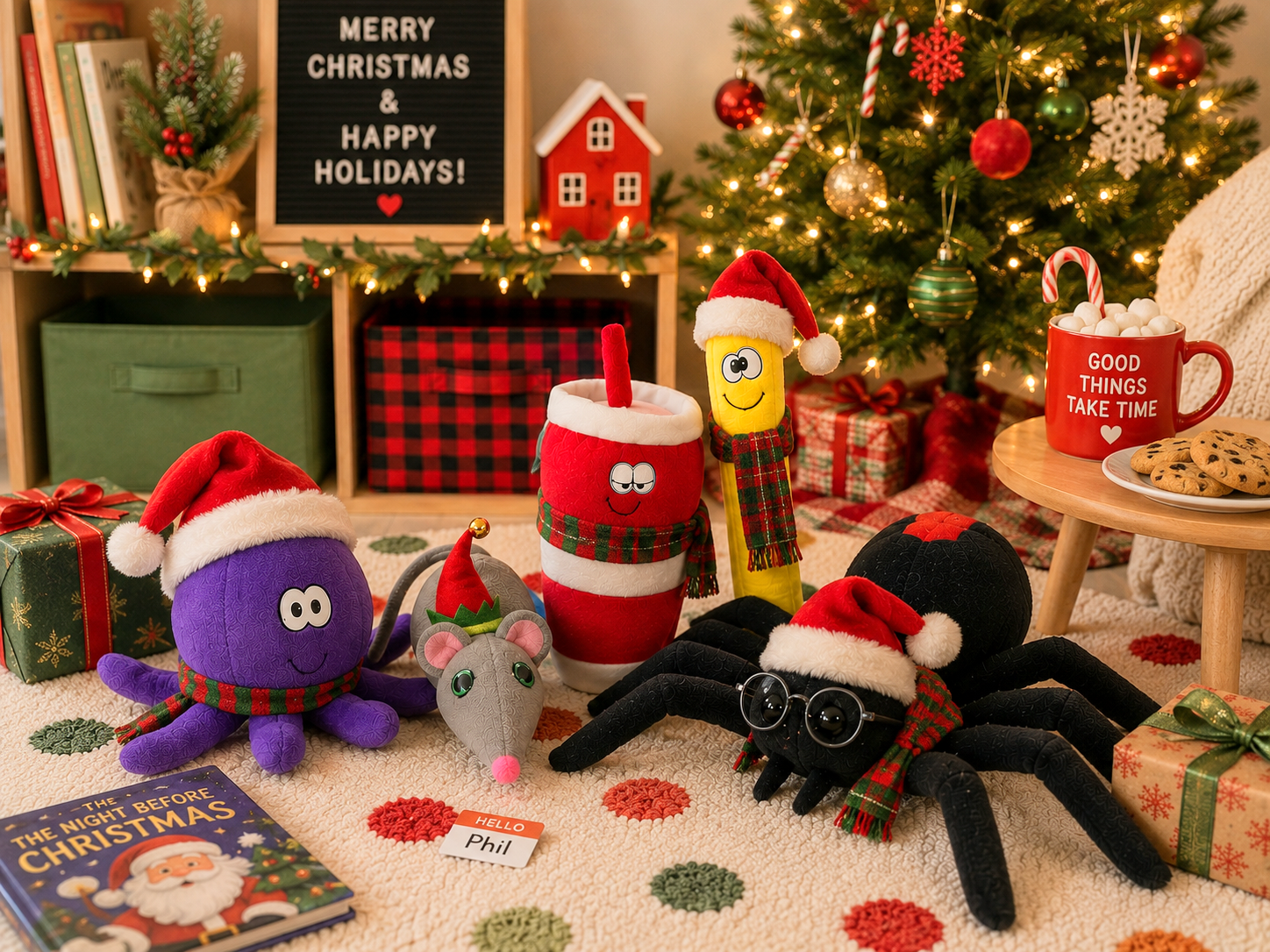 Festive Christmas scene with plush toy octopi wearing Santa hats and scarves, a plush mouse, a plush spider with glasses and a Santa hat, a Christmas tree decorated with ornaments and lights, wrapped presents, holiday books, a mug filled with marshmallows and candy canes, and a small table with cookies and a mug that reads 'Good things take time'. A sign in the background says 'Merry Christmas & Happy Holidays!'