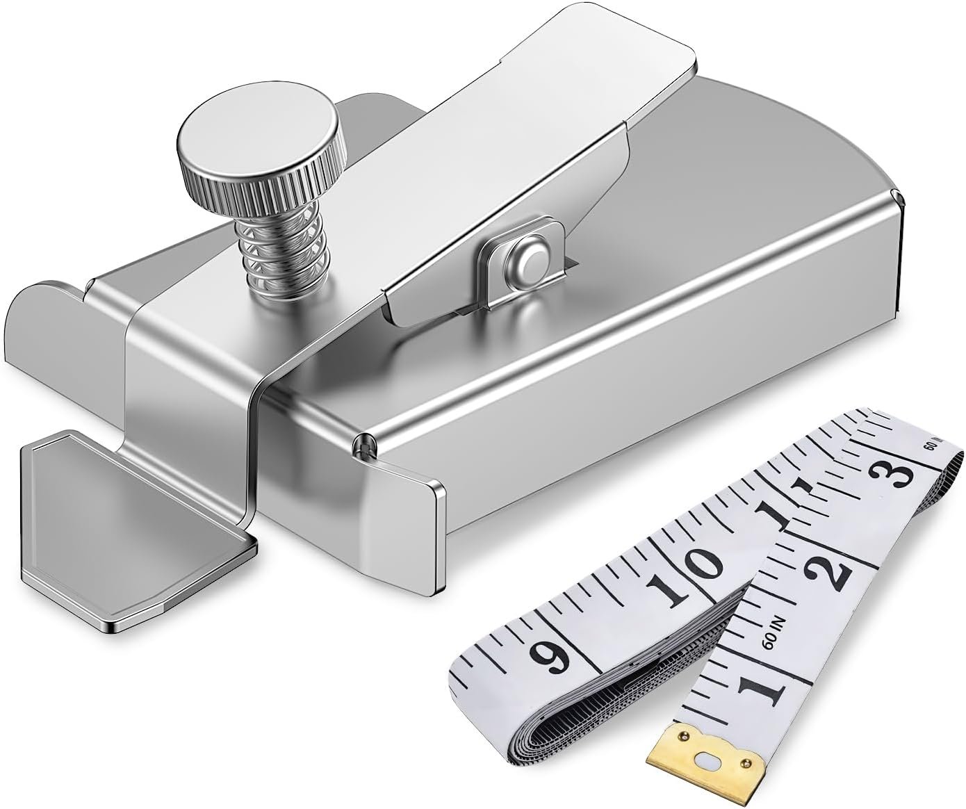 A silver fabric measuring device with a spring-loaded metal clamp and a flexible measuring tape.