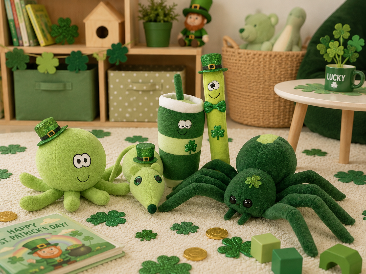 St. Patrick's Day plush toys on a beige carpet, including an octopus, a mouse, a cup, a leprechaun, and a spider, all decorated with limited green accessories, shamrock patterns, and gold coins. There is a book on the floor, a small table with shamrock decorations, a woven basket with stuffed animals, and a shelf with books and plush toys in the background.