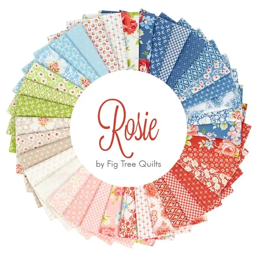 Circular arrangement of various fabric quilting patterns in colors like blue, red, green, pink, and white with floral and geometric designs, featuring a central logo with the text "Rosie by Fig Tree Quilts."