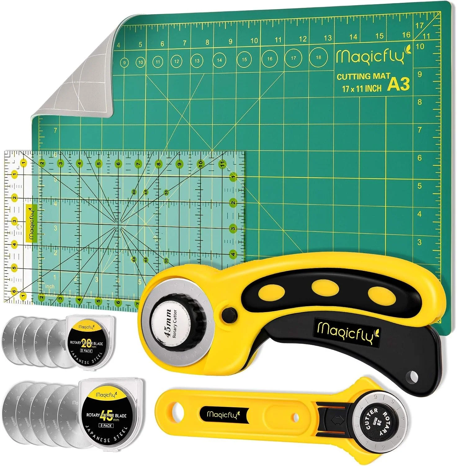 A green and yellow rotary cutter precision cutting tools, a large green cutting mat, a small blue measuring ruler, and a set of spare rotary cutter blades.