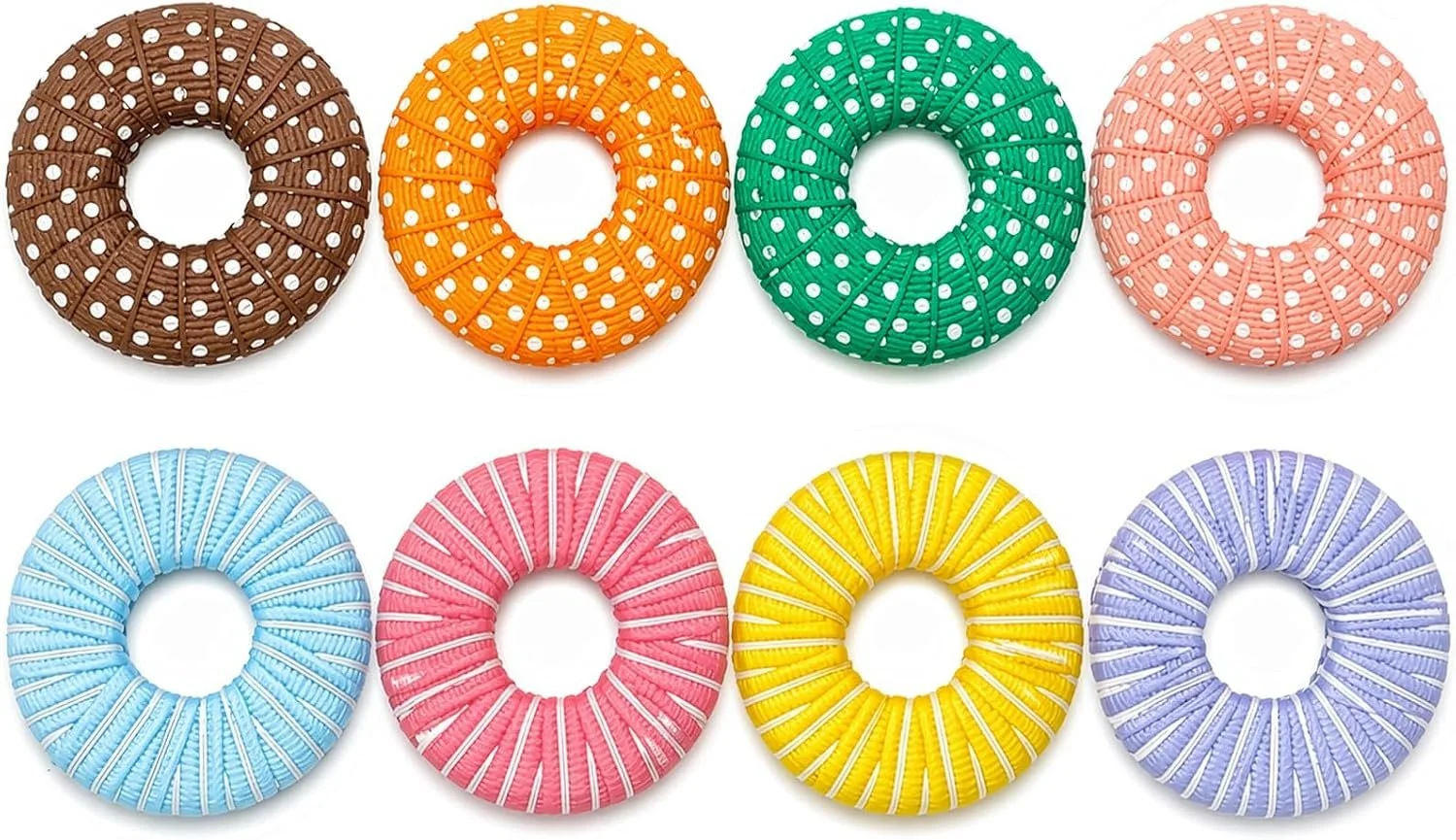 Colorful hair ties arranged in two rows, with four hair ties in each row. The top row features brown, orange, green, and pink hair ties. The bottom row features blue, pink, yellow, and lavender hair ties.