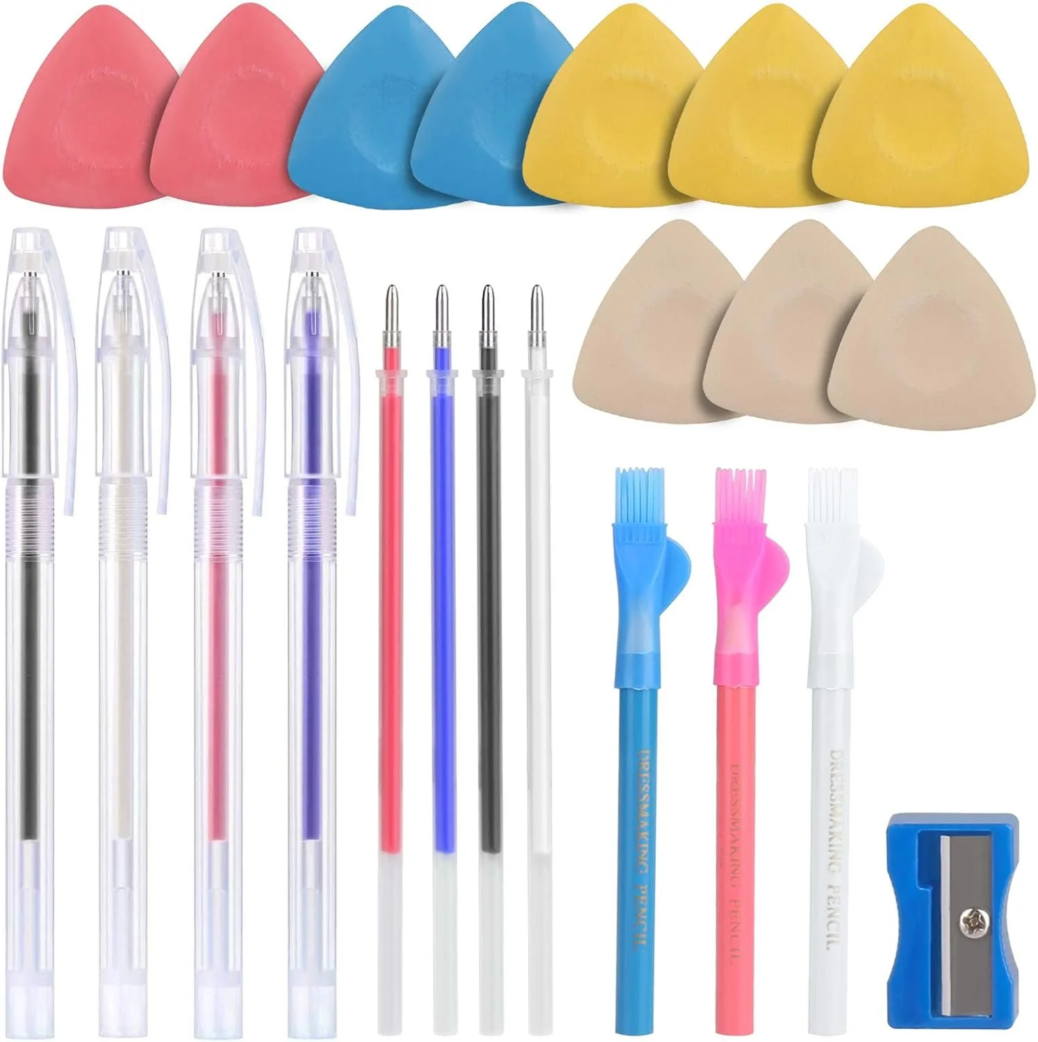 Collection of colorful pens, pencils, and erasers, including pink, blue, black, and white pens, along with pink, blue, and white pencil grips and a blue pencil sharpener.