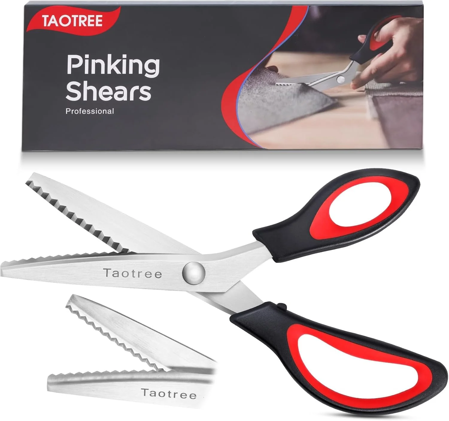 Pair of professional pinking shears with black and red handles, shown outside of their packaging.