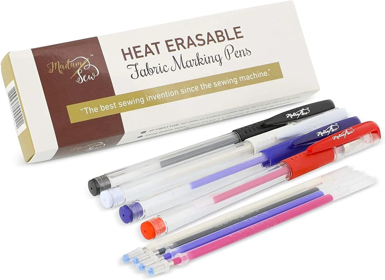 Set of heat erasable fabric marking pens in various colors next to their packaging box that reads "Heat Erasable Fabric Marking Pens".