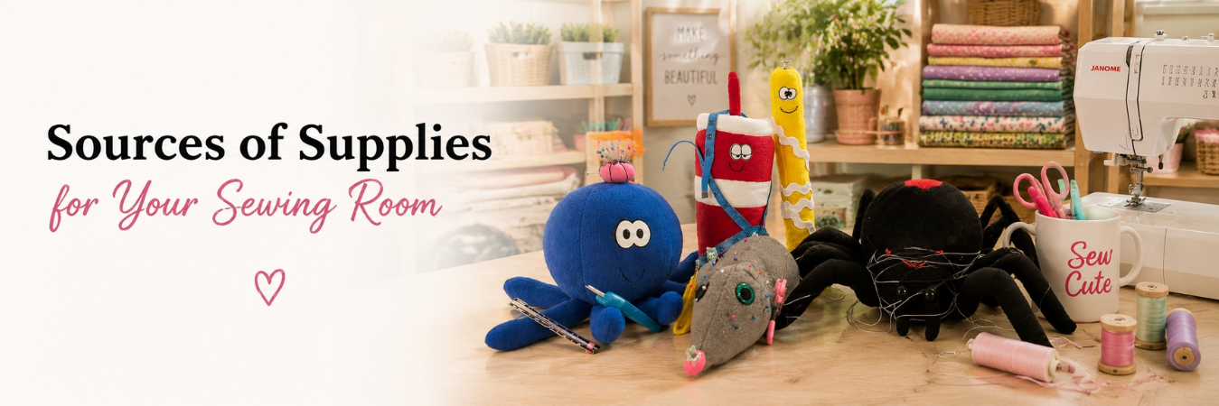 Sewing supplies and plush handmade toys on a wooden table in a sewing room, including scissors, threads, fabric, a sewing machine, and various colorful plush toys shaped like animals and characters.